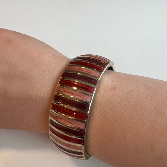 2/$15 Gold & Pink Striped Hinged Bangle Bracelet - Picture 2 of 6